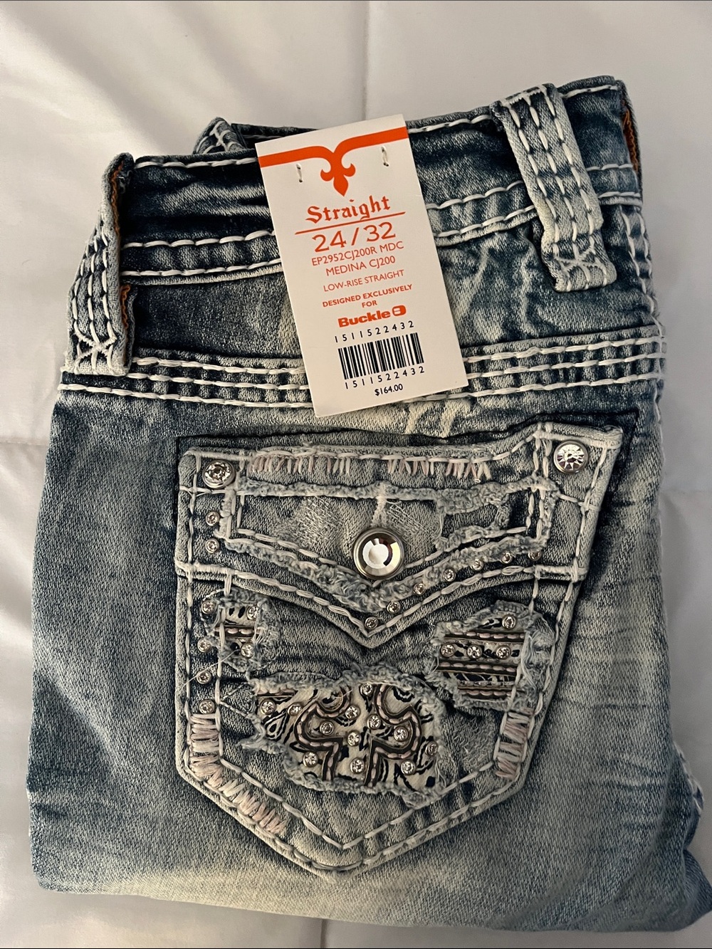 Buckle Women's Straight Jeans - Light Blue Wash with Embellished Pocket